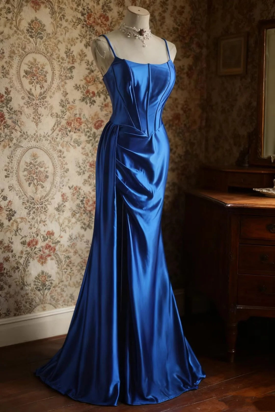 girlhomeshops-Sleeveless Royal Blue Satin Mermaid Dress, Retro Elegant Slim - fitting Floor - length Evening Gown  gh5828