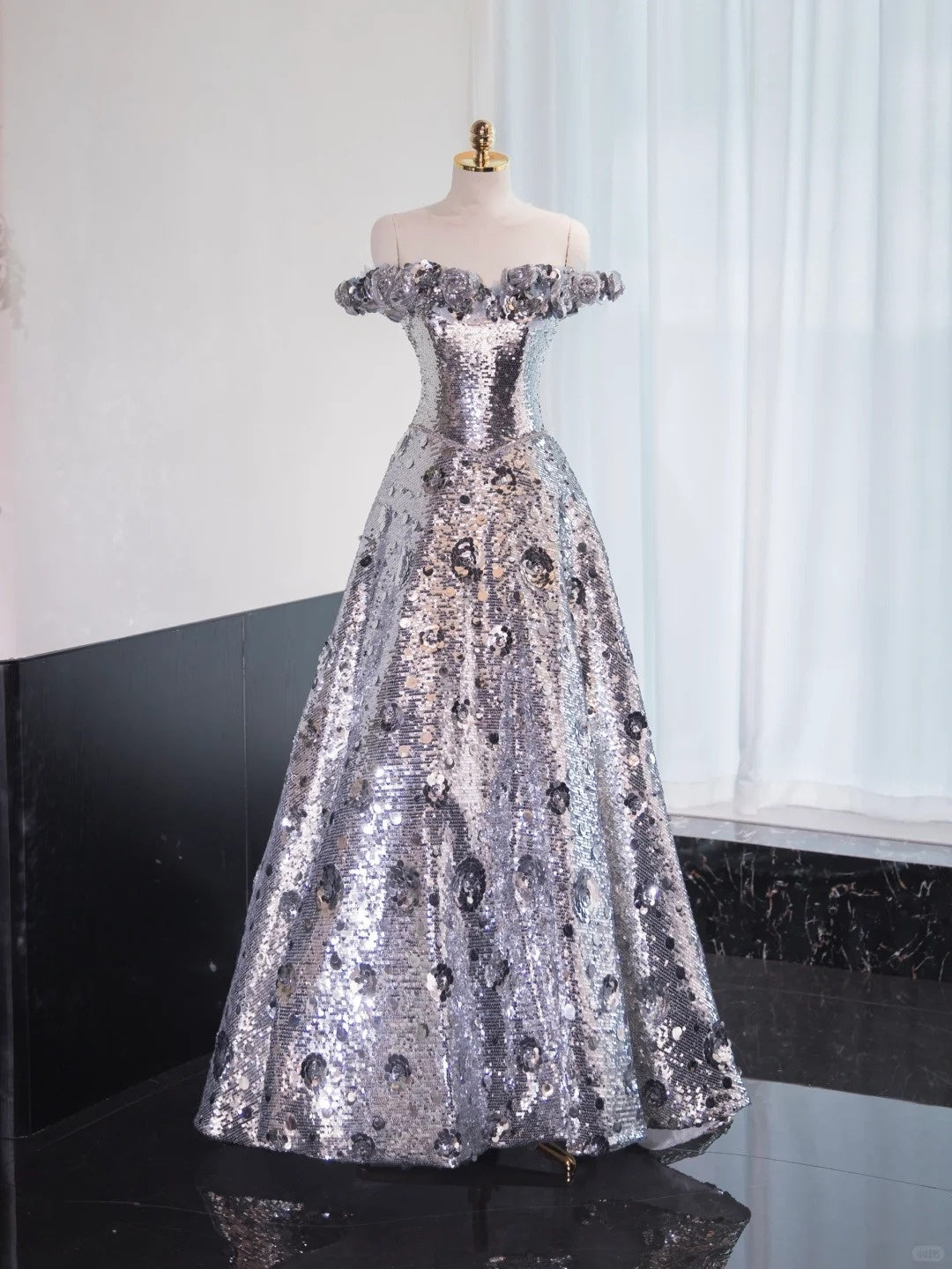 Robe de soirée longue et brillante argentée à paillettes, robe de bal, robe de remise de diplôme gh4550