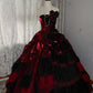 girlhomeshops-Burgundy-Black Paneled Shiny Satin Strapless Sleeveless Floor-Length Gothic Ball Gown gh6317