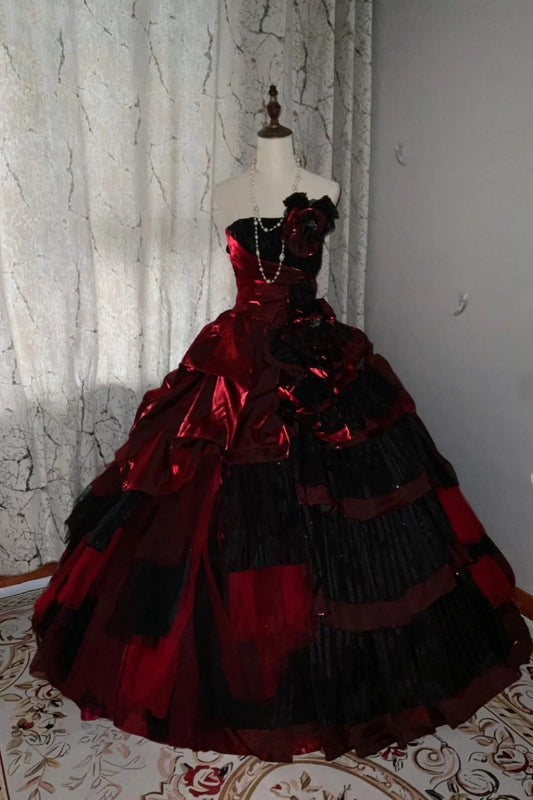 girlhomeshops-Burgundy-Black Paneled Shiny Satin Strapless Sleeveless Floor-Length Gothic Ball Gown gh6317