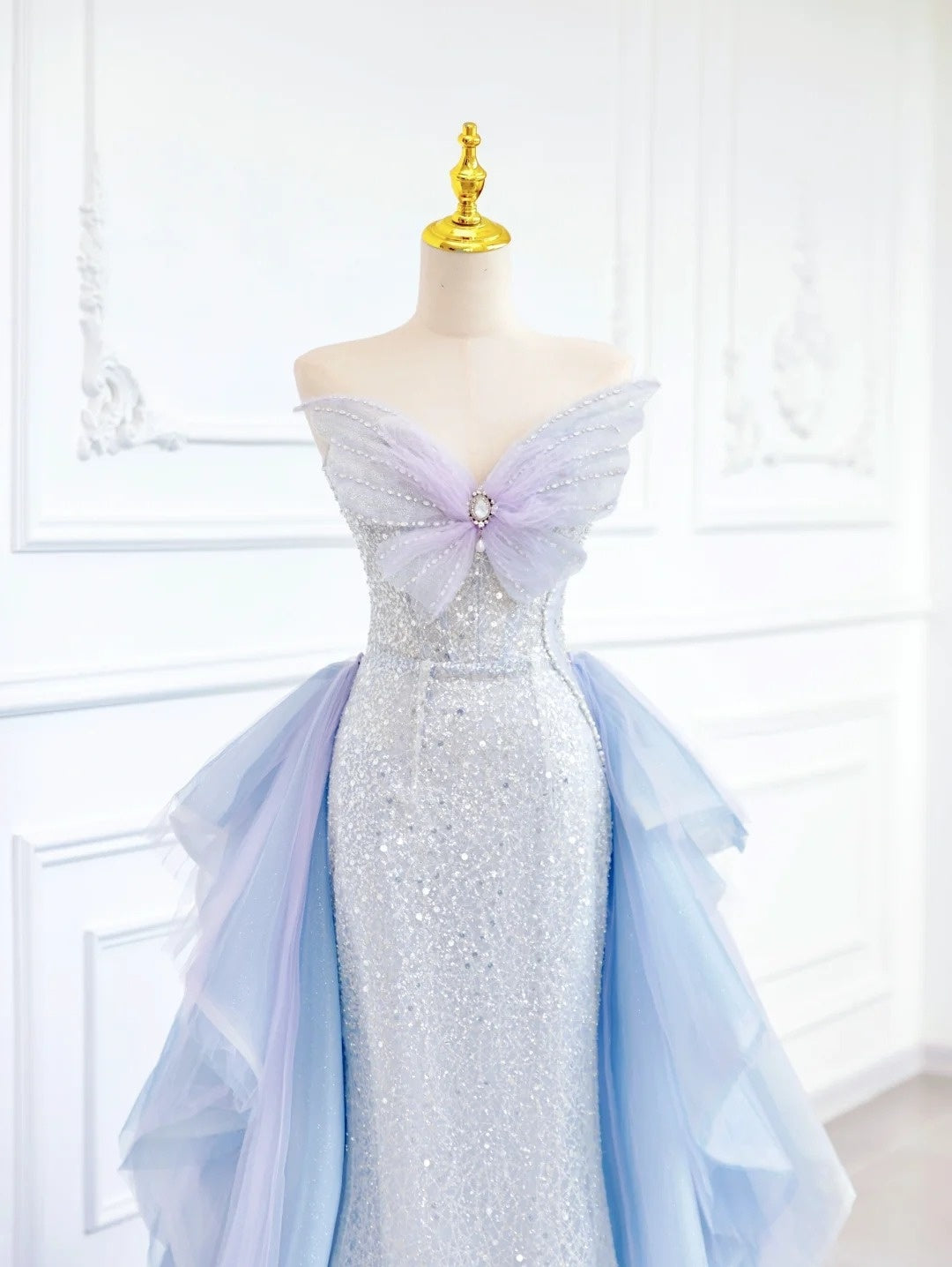 🦋Blue Butterfly Gorgeous Shiny Elegant Sequined Long Mermaid Tulle Ball Gown Evening Dress gh4272