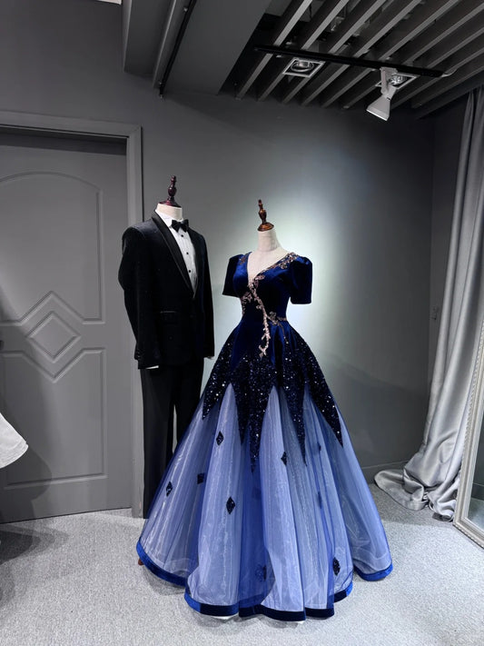 Girlhomeshops -Blue shiny long sequined tulle ball gown evening dress graduation dress gh5110