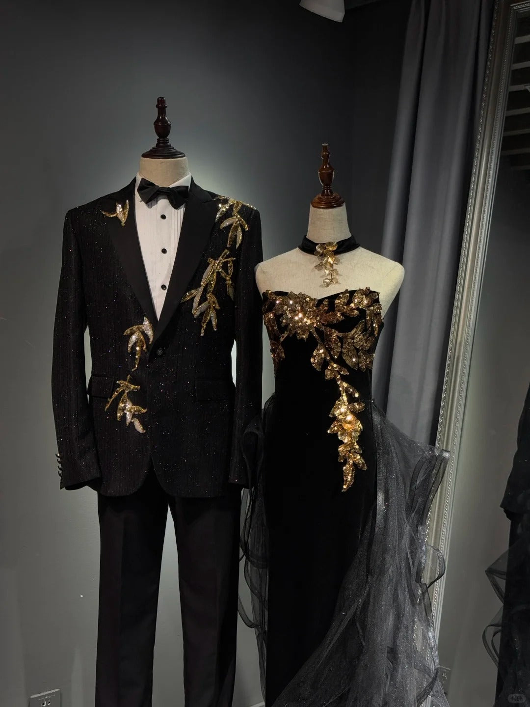 Girlhomeshops -Black shiny elegant long gold sequined tulle trailing ball gown evening gown graduation gown gh5108