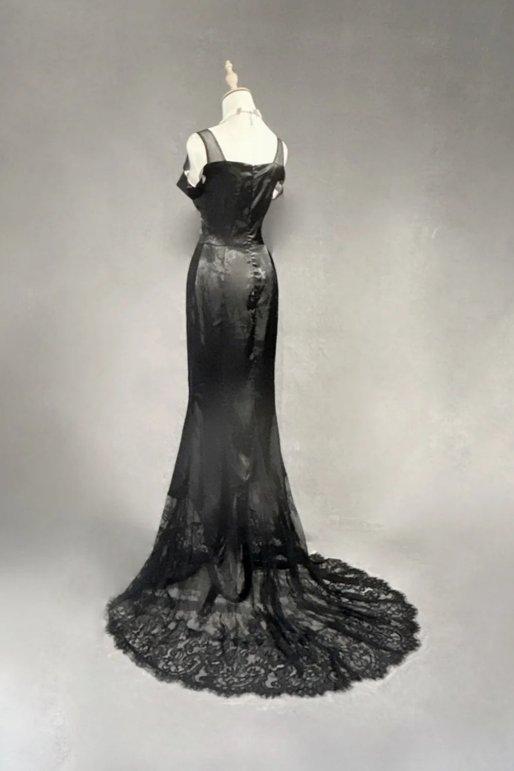 girlhomeshops-Black Satin Lace Long Dress gh6247