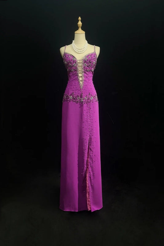 girlhomeshops-Purple beaded long satin Prom dress gh6245