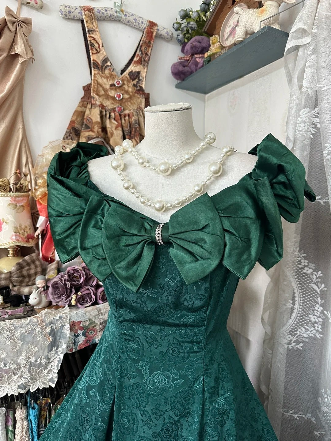 girlhomeshops-Dark Green Jacquard Lace Bow - Decorated Off - Shoulder Floor - Length Dress gh5895