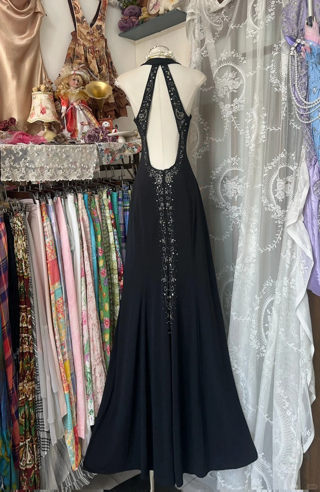 Girlhomeshops-Black floral retro elegant long chiffon Prom dress birthday party dress gh5174