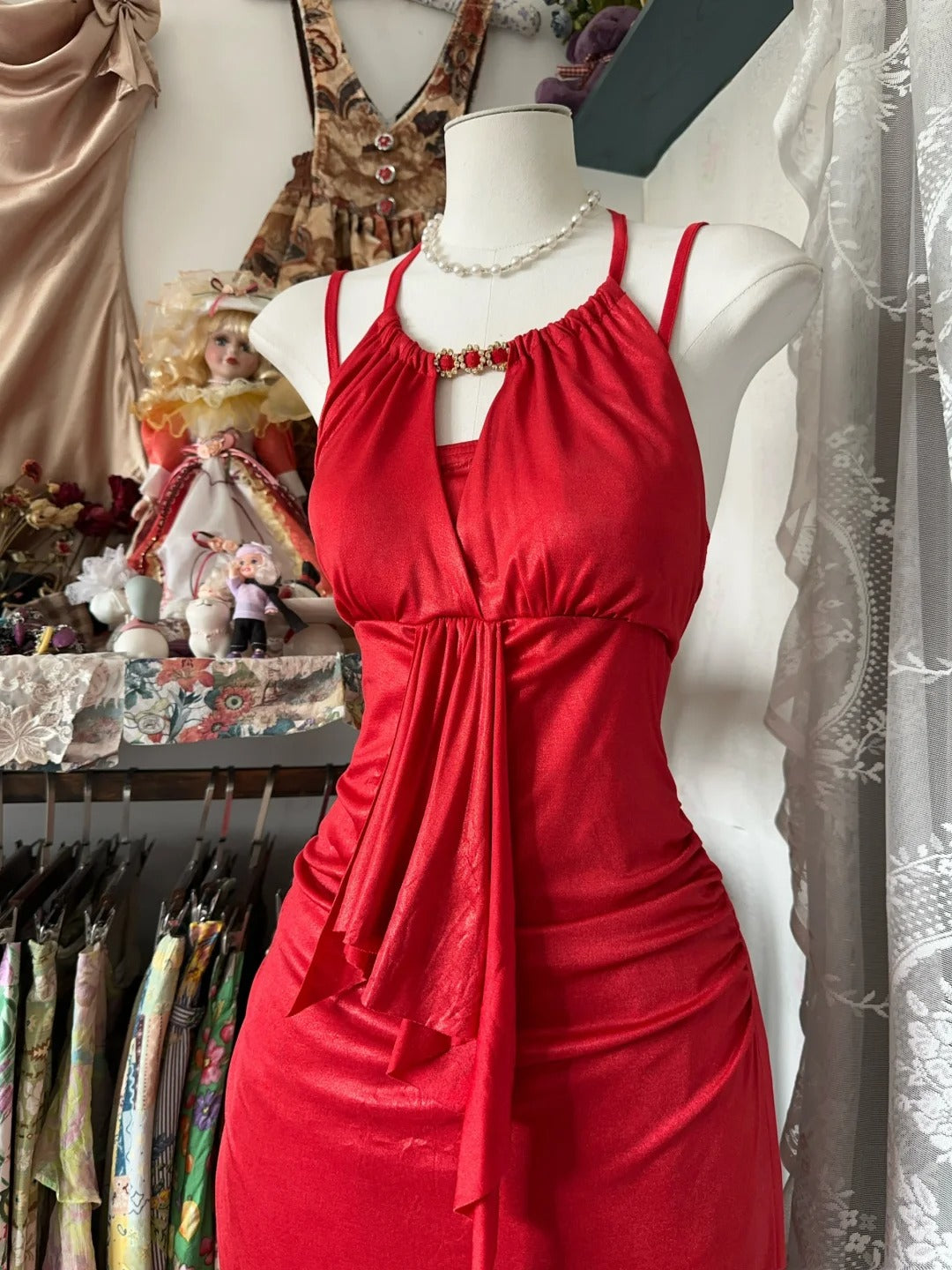 Red vintage long satin ball gown evening dress party dress prom dress gh4340