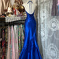 girlhomeshops-Royal Blue Satin Beaded Halter Sleeveless Floor-Length Mermaid Gown gh6324