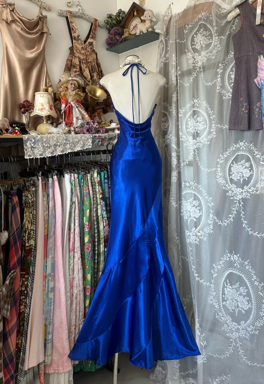 girlhomeshops-Royal Blue Satin Beaded Halter Sleeveless Floor-Length Mermaid Gown gh6324