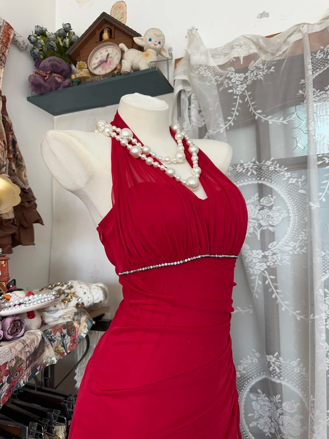 Girlhomeshops-Rote Hosenträger, modisch, rückenfrei, Retro, lang, Chiffon, Ballkleid, Geburtstagspartykleid, gh5433