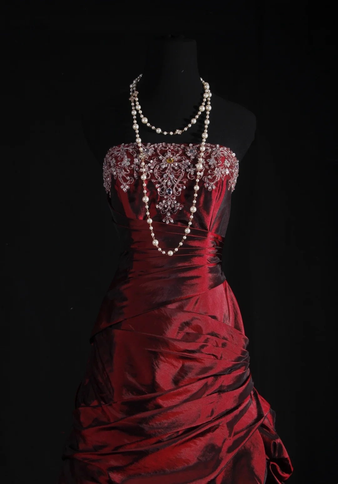 girlhomeshops-Burgundy Satin Beaded Strapless Sleeveless Floor-Length Ruffled Gown gh6316