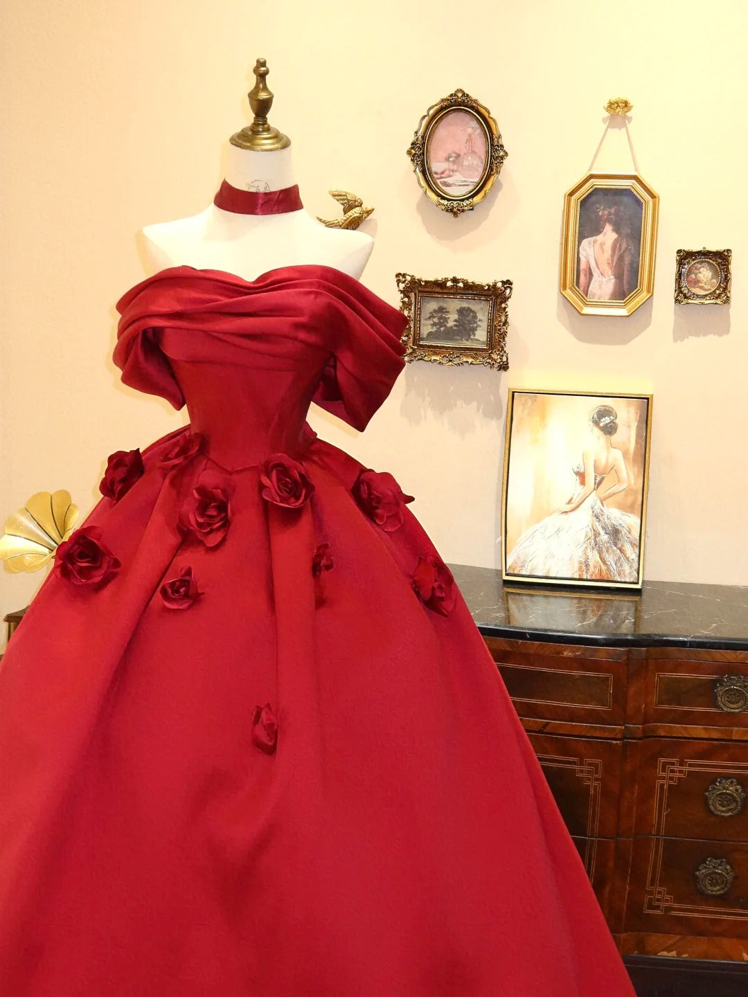 Robe de soirée longue en satin à fleurs, élégante et rouge, robe de bal, robe de remise de diplôme, robe de mariée, robe d'anniversaire, gh4241
