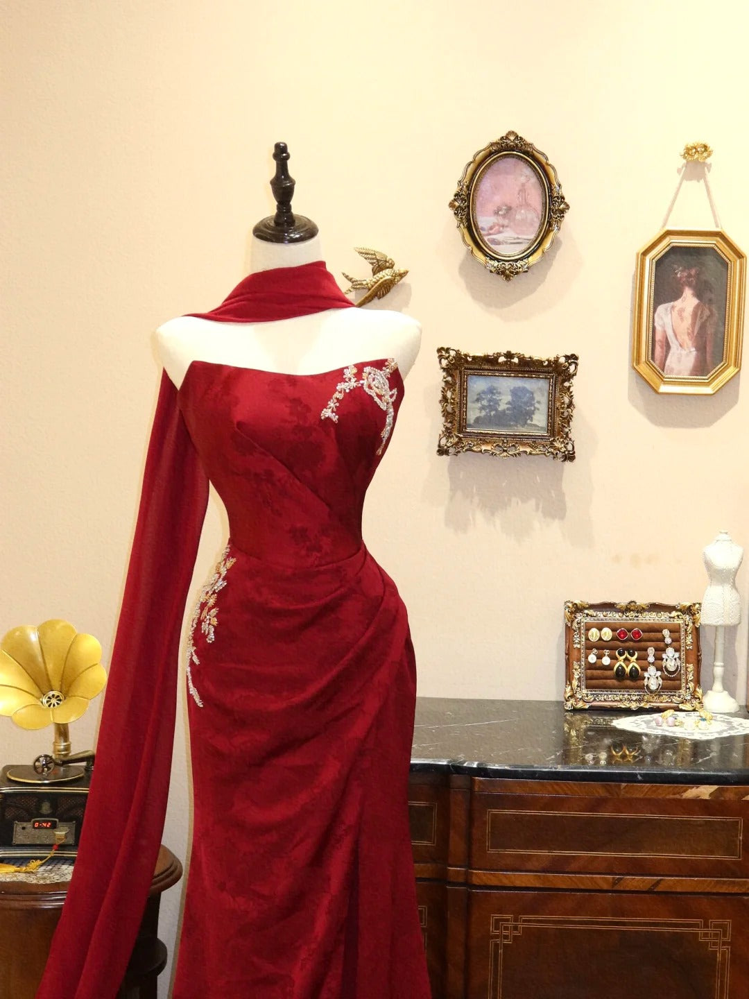 Red Floral Appliqué Exquisite Long Mermaid Slim Prom Dress Evening Dress Party Dress gh4238