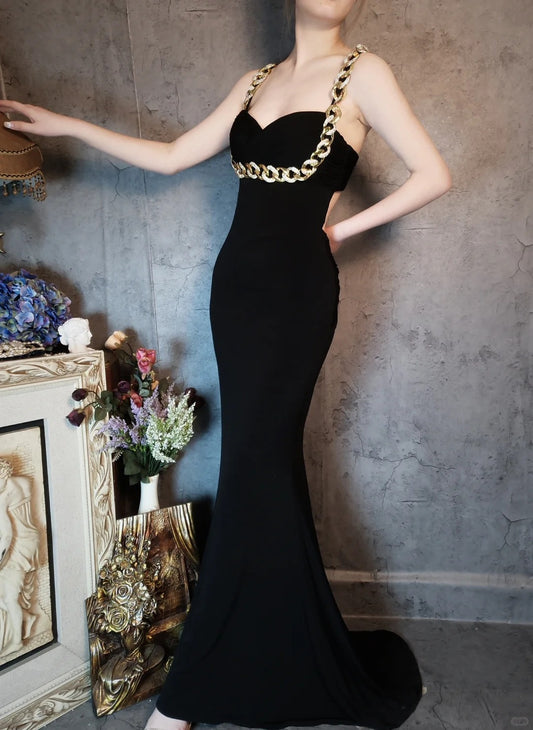 Vintage black gold chain backless mermaid ball gown sexy elegant evening dress party dress gh4802
