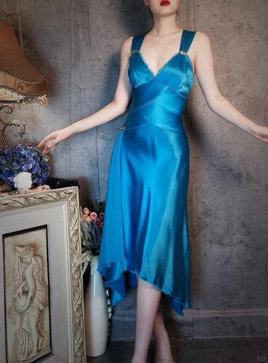 Ocean blue homecoming dress vintage ribbon beautiful satin retro elegant long satin prom dress evening dress party dress gh4806