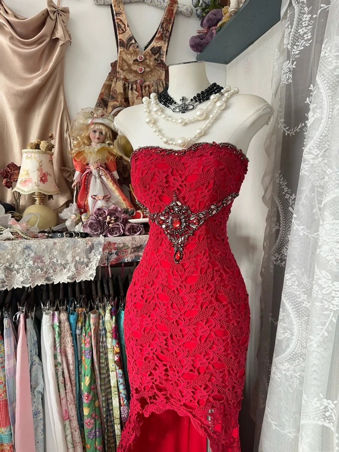 Exquisite red lace fishtail long evening gown gh6684