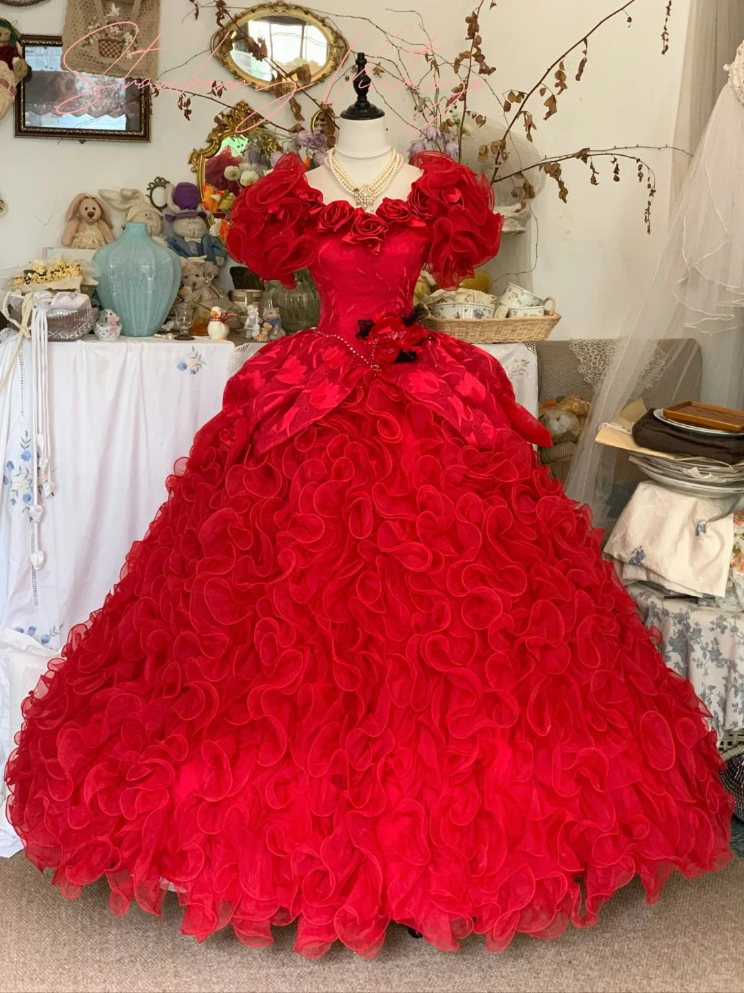 Robe de soirée longue en tulle à fleurs rouges, robe de mariée, robe de bal, gh4574