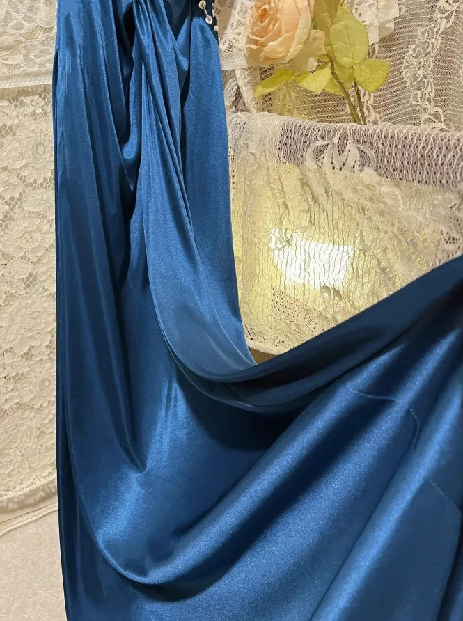 Robe de soirée longue en satin bleu à perles, élégante, gh4460