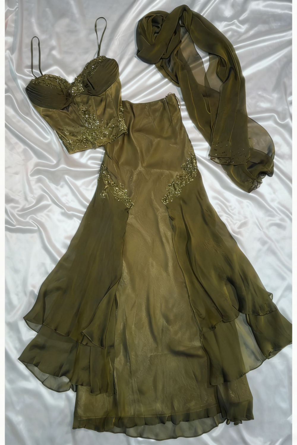 Olive Green Sequin-Embellished Strapless Gown with Shawl Set gh6401