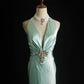 girlhomeshops-Mint Green Satin Halter Sleeveless Floor-Length Beaded Mermaid Evening Gown gh6307