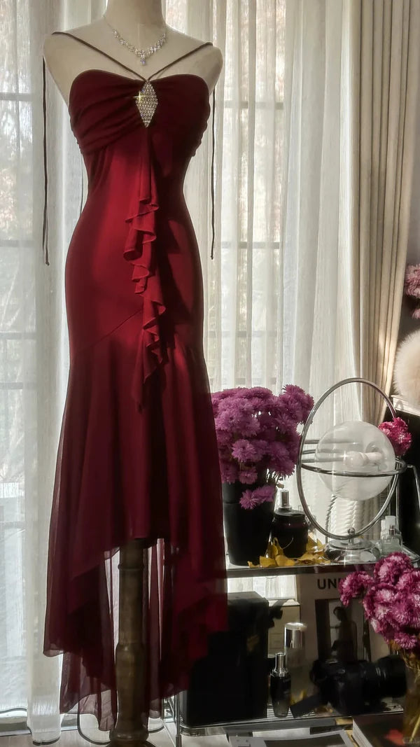 Burgundy Vintage Elegant Exquisite Gem Beaded Long Chiffon Evening Gown Sleeveless Ball Gown Birthday/Wedding Guest Party Dress gh4101