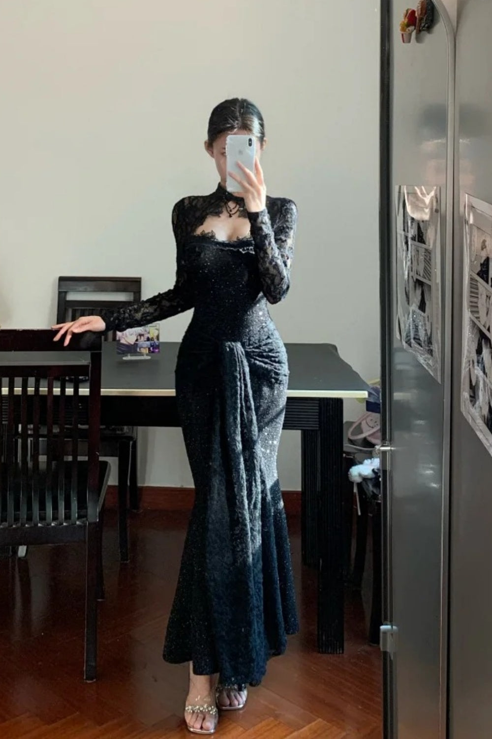 Robe de bal longue et élégante en dentelle exquise noire à manches longues, modèle gh6629