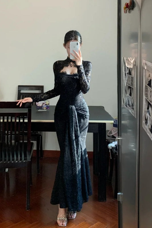 Robe de bal longue et élégante en dentelle exquise noire à manches longues, modèle gh6629