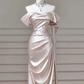 High-End Texture Style Champagne Gold Satin Off-Shoulder Ruched Train Gown - Elegant Dress for Dinner & Red Carpet gh6546