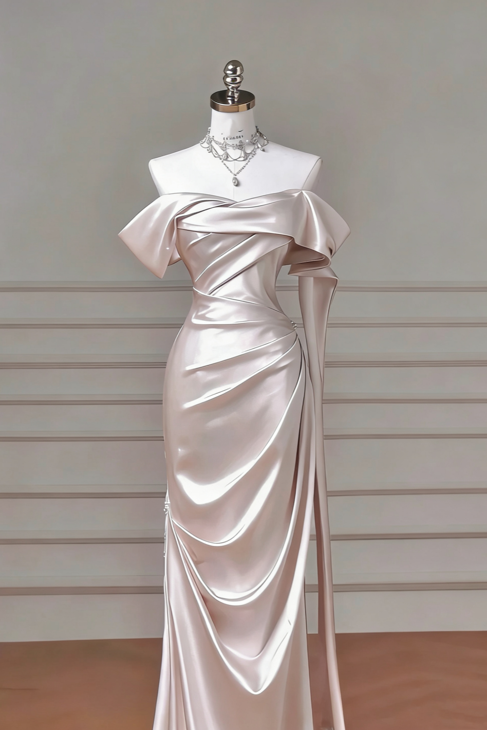 High-End Texture Style Champagne Gold Satin Off-Shoulder Ruched Train Gown - Elegant Dress for Dinner & Red Carpet gh6546
