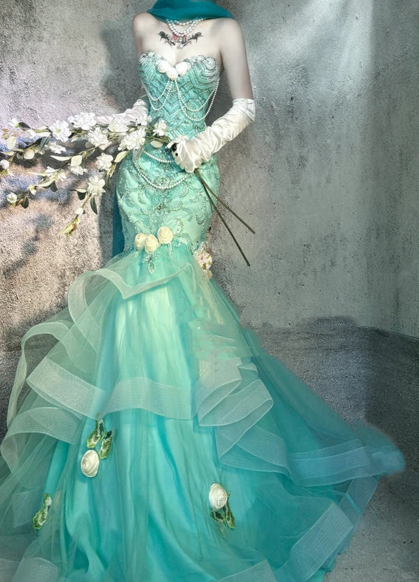 Robe de soirée longue en satin bleu, magnifique et exquise, avec perles, gh4502