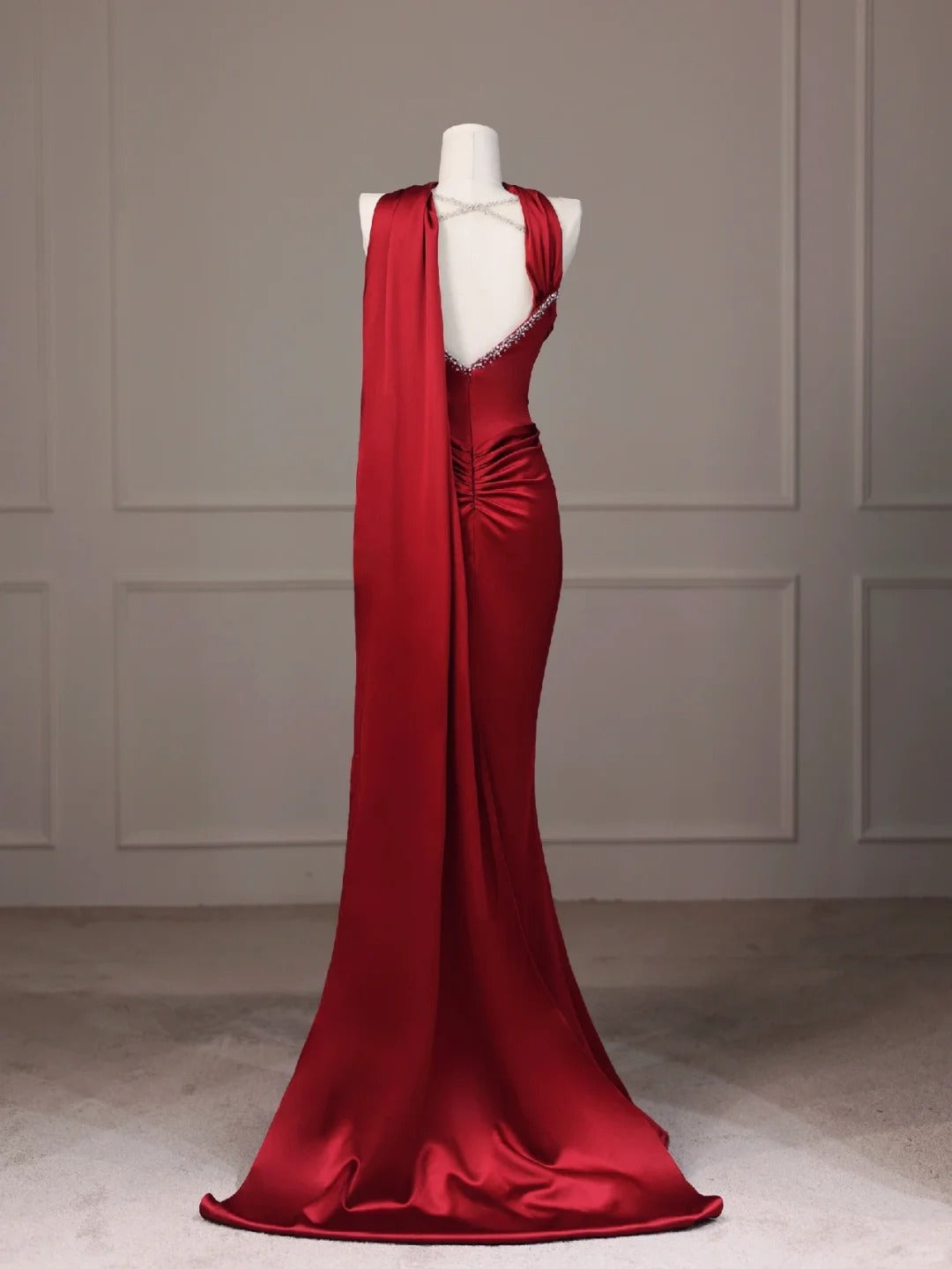 Burgundy fishtail backless long floor-length satin ball gown evening dress gh4546