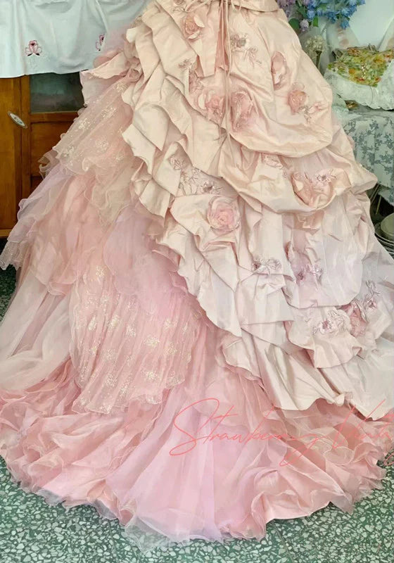 Girlhomeshops - Robe d'anniversaire 16 ans, rose, motif floral, robe longue en tulle, robe de bal, robe de bar-mitsva, gh5636