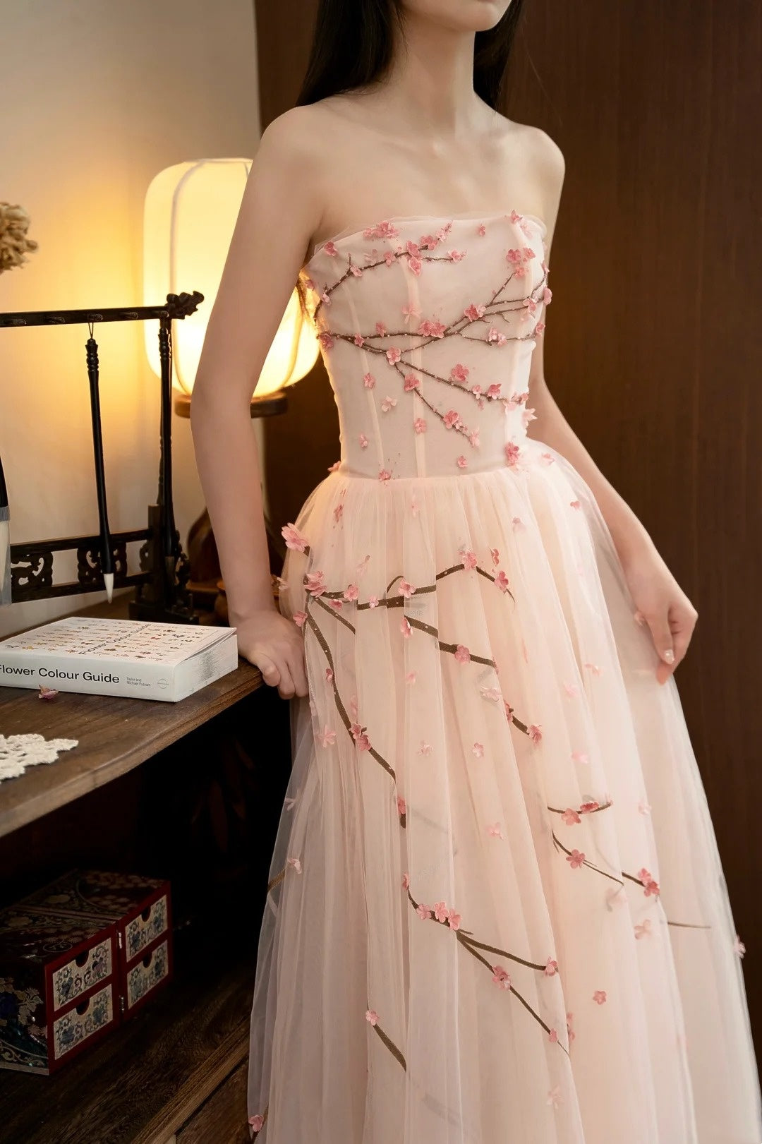 girlhomeshops- Vintage Peach Pink Plum Blossom 3D Embroidered Strapless Tulle Chinese Style Evening Gown gh6034