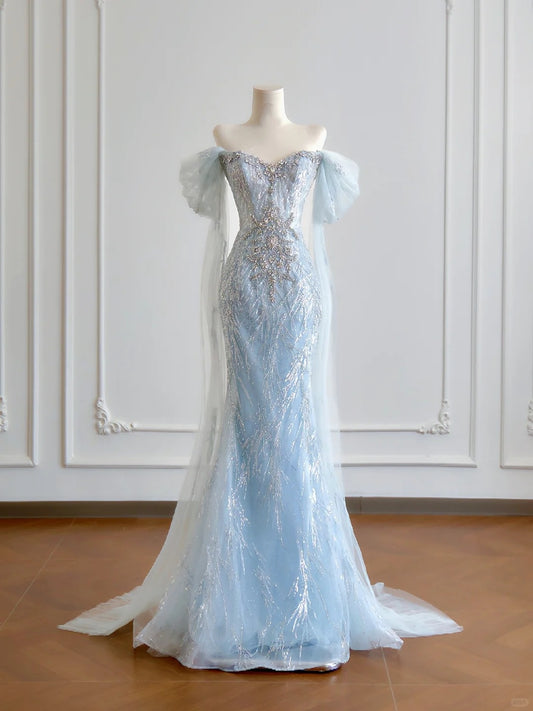 Girlhomeshops – Wunderschönes, blaues, exquisites, langes, mit Perlen besetztes Tüll-Ballkleid gh5485