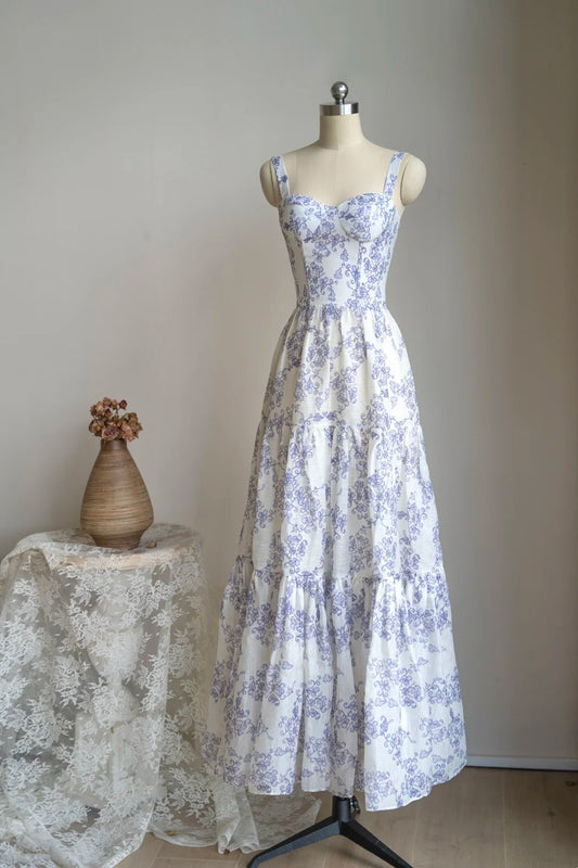 girlhomeshops- Vintage Blue-White Floral Square Neck Spaghetti Strap Long Style Evening Gown gh6036