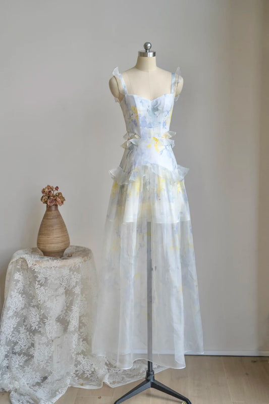 girlhomeshops- Vintage Watercolor Print Ruffled Spaghetti Strap Long Forest-Style Evening Gown gh6035