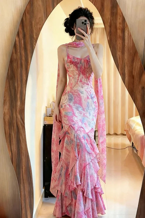 Pink Elegant Fairy Chiffon Ball Gown Evening Dress Party Dress gh4321