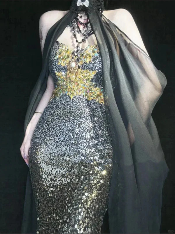 Robe de soirée longue en satin bleu, magnifique et exquise, avec perles, gh4503