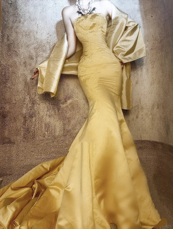 Robe de soirée longue en satin jaune, magnifique et exquise, avec perles, gh4499