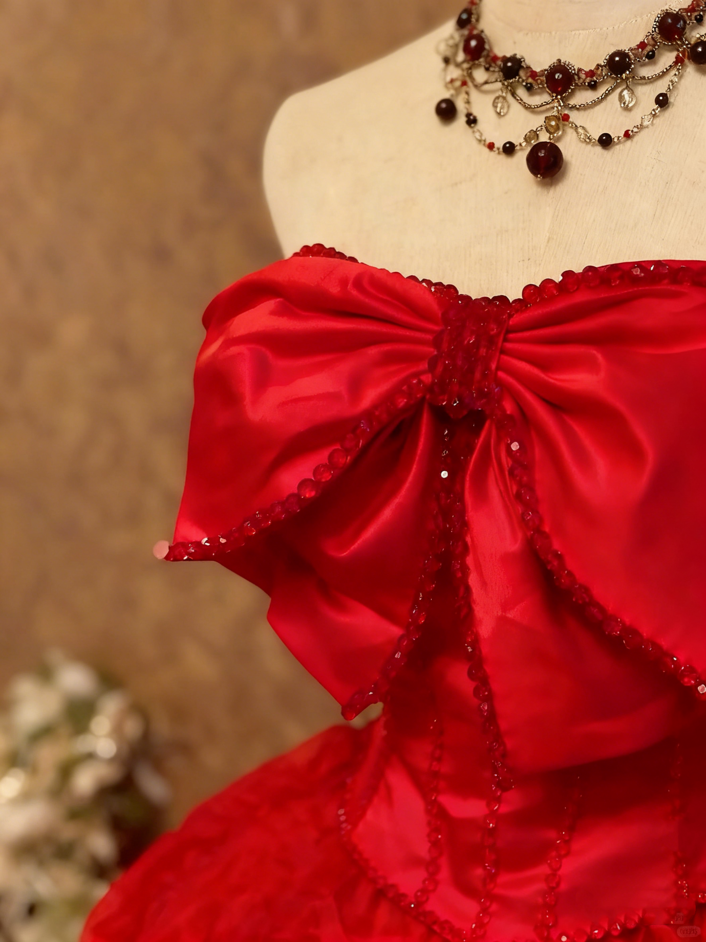 girlhomeshops-Crimson Satin Strapless Bow Rhinestone-Embellished Floor-Length Court-Style Gown gh6371