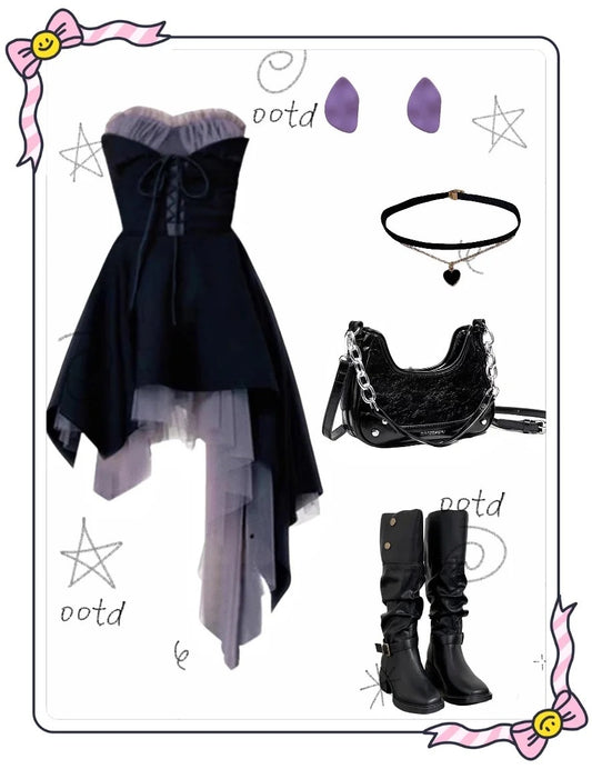 girlhomeshops--Black purple tulle satin elegant short cool girl homecoming dress fashion gh5734