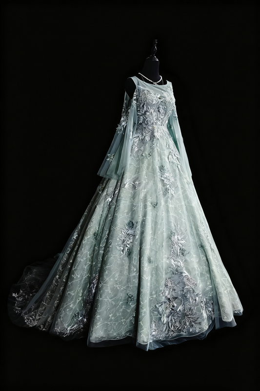 girlhomeshops-Green Appliqué Delicate Long Tulle Formal Ball Gown gh6287