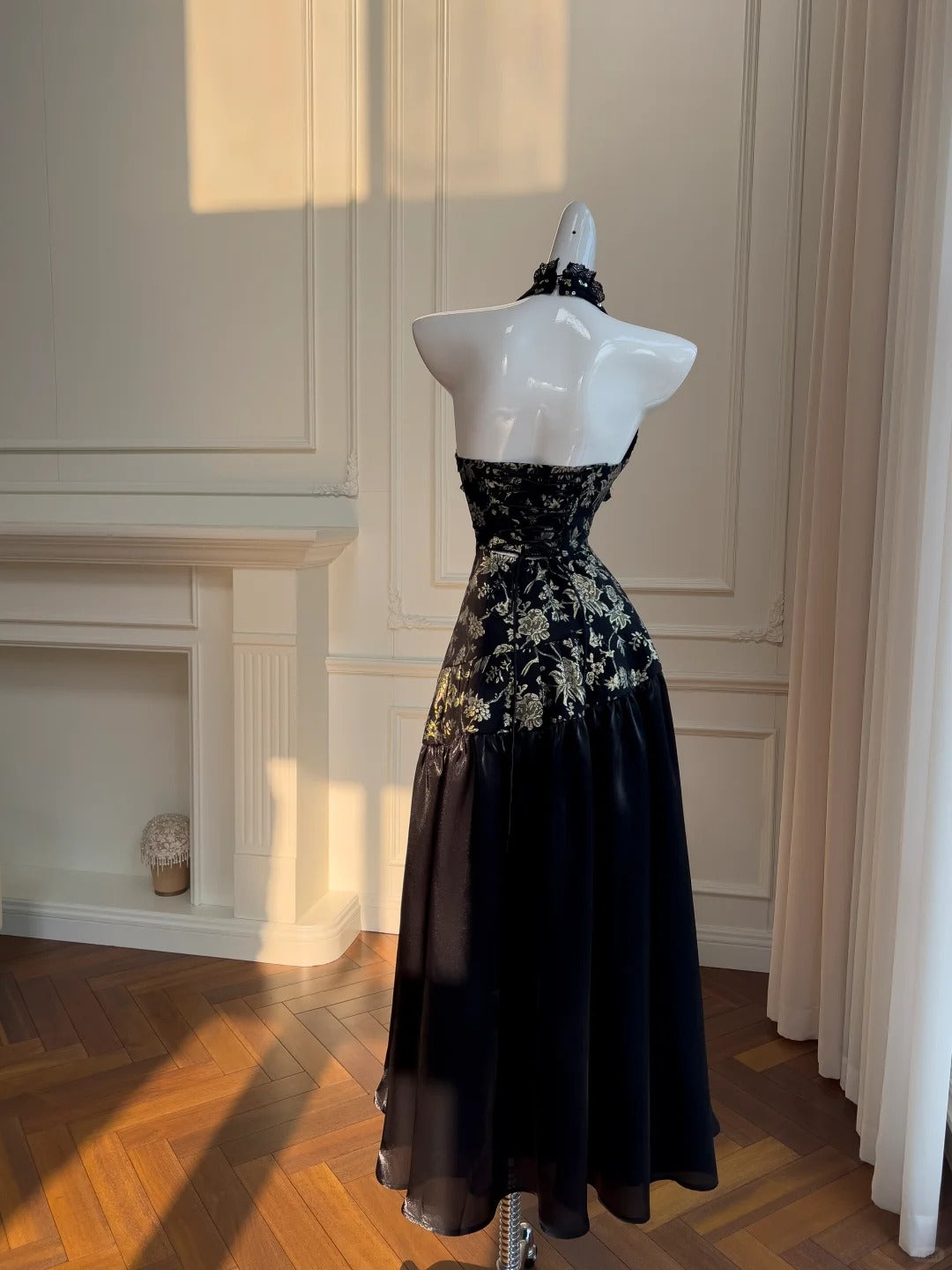 Robe de bal longue en satin noir/blanc vintage, robe de soirée d'anniversaire, gh4410