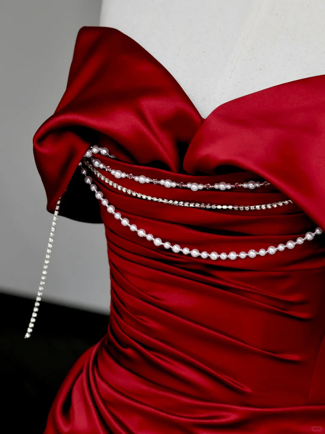 Girlhomeshops -Red pearl beaded long satin prom dress evening dress party dress gh5114