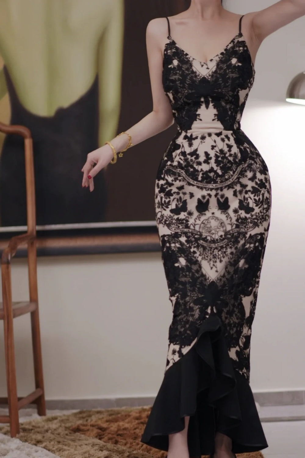 Vintage Dark Romantic Court Style Lace Paneled Ankle-Length Mermaid Butterfly Print Camisole Gown - Slim Elegant Dress for Dinner & Party Events gh6490