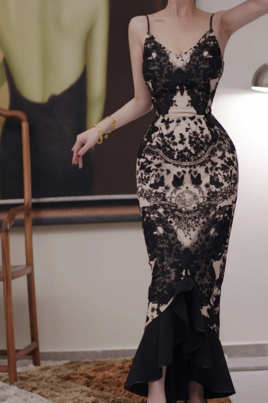 Vintage Dark Romantic Court Style Lace Paneled Ankle-Length Mermaid Butterfly Print Camisole Gown - Slim Elegant Dress for Dinner & Party Events gh6490