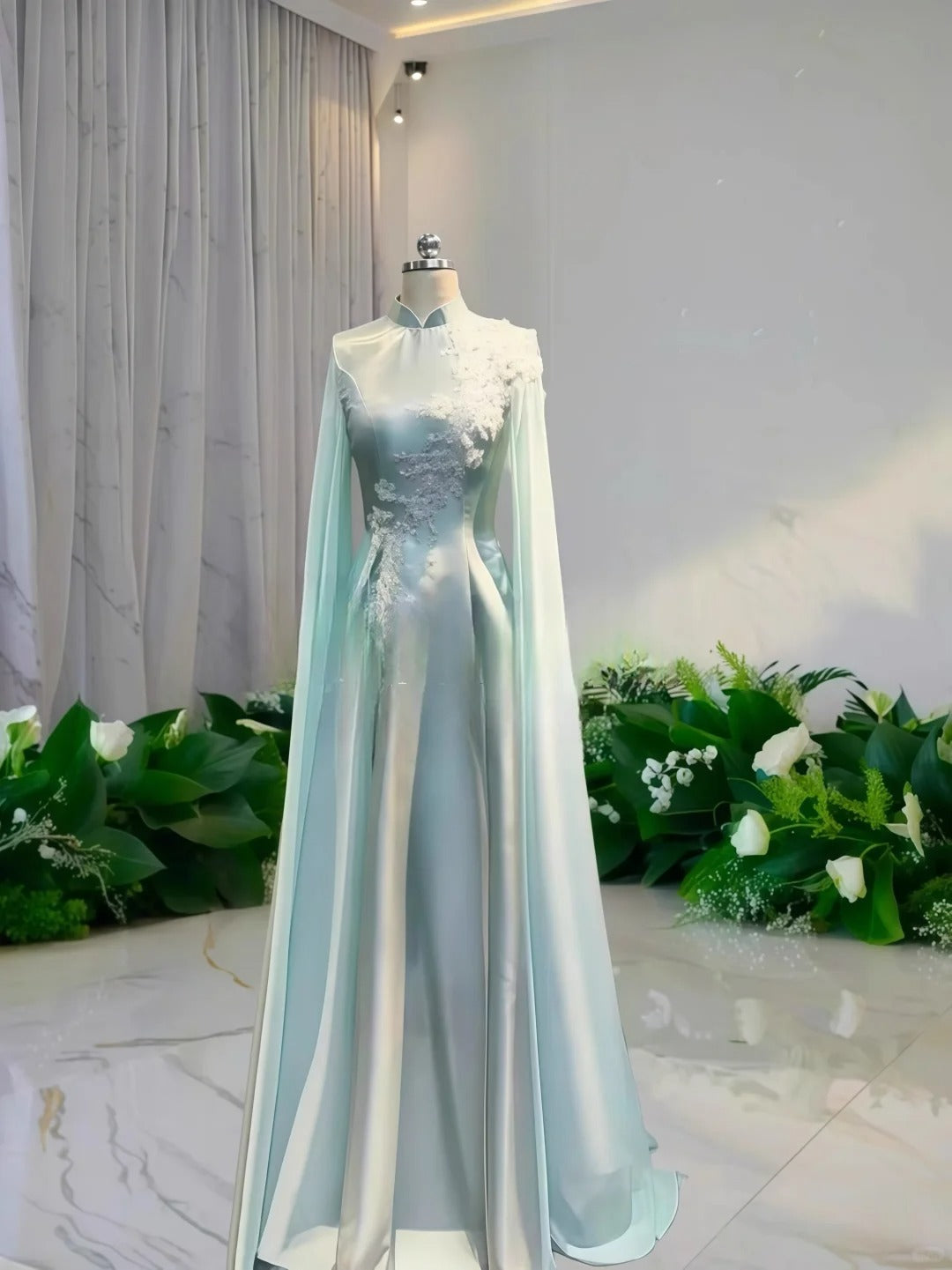 Girlhomeshops-Light green floral bead long satin ball gown Prom dress ceremonial dress long sleeved gh5309