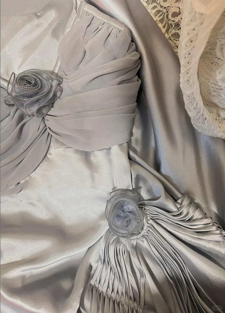 Graublaues langes Ballkleid aus Satin mit Blumenmuster, Abendkleid, Abschlusskleid gh4508