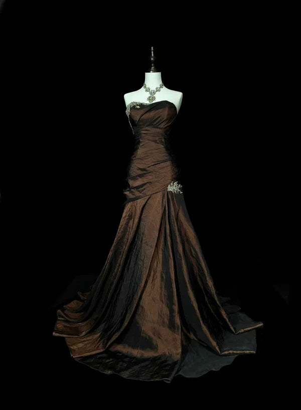 Brown & Black Gradient Satin One-shoulder Gown: Heavy Embroidery, Mermaid dress, High-end Evening Maxi Dress gh6587